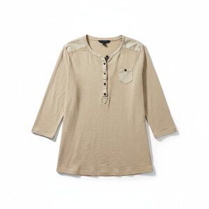 LRL Lauren Jeans Co Beige Henley Top 3/4 Sleeve Button Front Pocket | Women’s XL